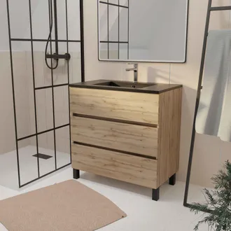 Aurlane Aurlane - Mueble De Ba&ntilde;o 80 Cm 3 Cajones Roble Natural + Lavabo De Cer&aacute;mica Negra - Timber