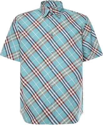 Burberry Short Sleeve Shirt - Heren - Korte mouwen Overhemden - Blauw - L - Katoen - Overhemden
