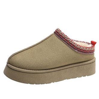 Generic Womens Platform Slippers, Slip-on Warm Fuzzy Winter Mini Boots Fluffy Comfy Furry Clogs Shoes for Outdoor Indoor (Khaki,6.5)