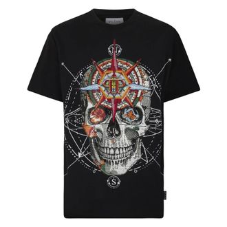 Philipp Plein Tops, Heren, Zwart, 2Xl, Katoen, Round Neck T-Shirt Wind Rose Skull Stones