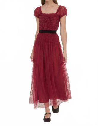 Moon River Polka Dot Tulle Shirred Waist Velvet Midi Dress In Crimson