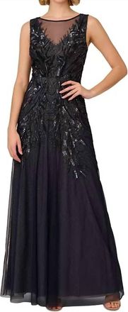Adrianna Papell Bead Metallic Mesh Gown In Navy/silver