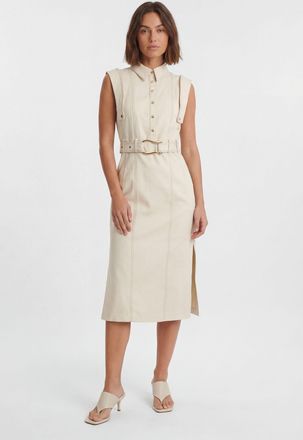 Karen Millen Womens Tailored Top Stitch Detail Belted Midi Dress - Beige Cotton - Size 10 UK
