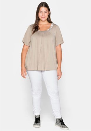 Sheego T-Shirt SHEEGO T-Shirt, Damen, Gr. 40/42, beige, 95% Viskose, 5% Elasthan, unifarben, Rundhals, Shirts T-Shirt