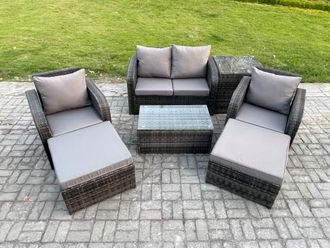Fimous Outdoor Lounge Sofa Set Rattan Garden Furniture Set with Rectangular Coffee Table 2 Big Footstool Side Table in Dark Grey