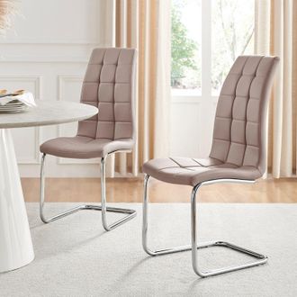 Furniturebox Set of 2 Murano Deep Cushioned Soft Touch Faux Leather Dining Chairs With Silver Chrome Metal Legs in Beige