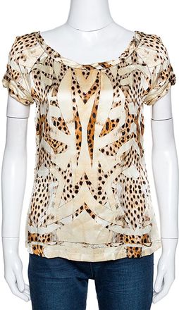 Roberto Cavalli Cream And Beige Silk Leopard Print Short Sleeve Top
