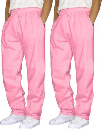 Generic Pack of 2 Mens Jogging Sweatpants with Drawstring Solid Tracksuits Bottoms Straight Wide Leg Casual Trousers for Mens UK Gym Sports Activewear Lounge 