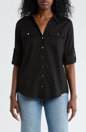 DKNY Solid Roll Sleeve Button-Up Shirt in Black at Nordstrom Rack, Size X-Small