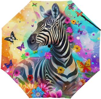 Generic Cute Zebra with Floral Flowers Butterfly Travel Umbrella Windproof Folding Umbrella for Rain Auto Open Close Automatic