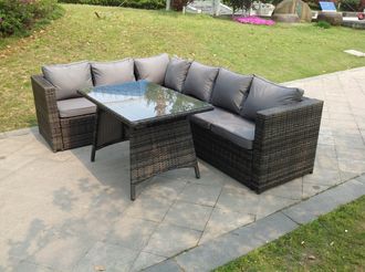 Fimous 6 Seater Grey Rattan Corner Sofa Set Dining Table Foot Rest Garden Furniture Outdoor in Dark Grey