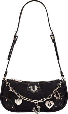 True Religion Horseshoe Chain Denim Shoulder Bag - Charm Detail Zip Top Purse with Adjustable Strap