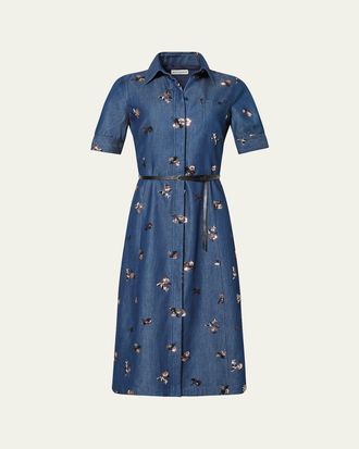 Altuzarra Kieran Sequined Floral Denim Midi Shirtdress With Belt