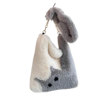 Generic Womens Plush Bags Cute Cat Pattern Shoulder Bag, Autumn Winter Plush Tote, Cartoon Color Contrast Large Capacity Diagonal Handbag(Grey)