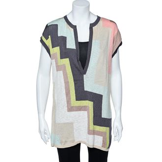 M Missoni Multicolor Geometric Pattern Cotton Knit Plunging Neck Top