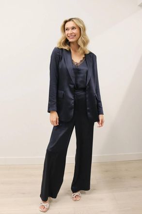 Skies Are Blue Clothing Icon Brushed Satin Wide Leg Trousers In Deep Navy