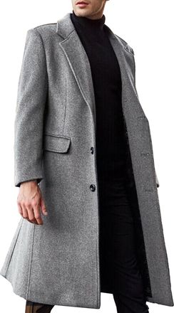 Generic Men Trench Coat Windbreaker Winter Slim Fit Long Jacket Casual Single Breasted Mid-Length Notched Collar Overcoat, Grey, L