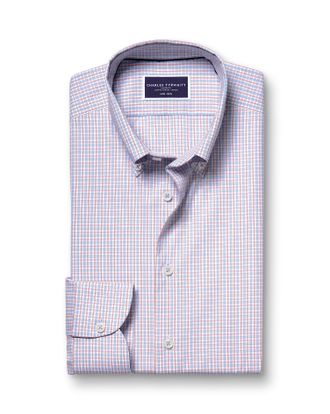 CHARLES TYRWHITT Button-Down Collar Non-Iron Oxford Grid Checkered Cotton Formal Shirt - Red Single Cuff Size 15/33 by Charles Tyrwhitt