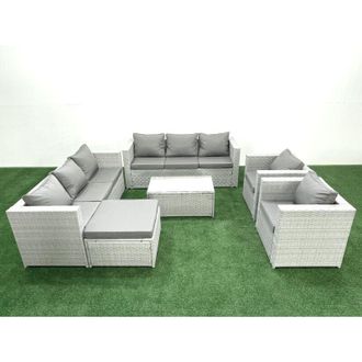 Fimous Outdoor Rattan Sofa Garden Furniture Set with 2 Armchairs Oblong Coffee Table Big Footstool Light Grey Mixed - Fimous