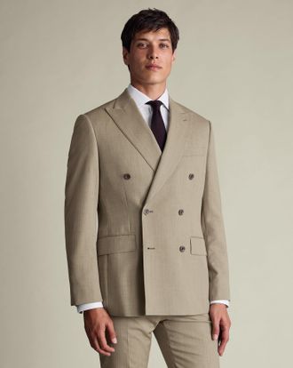 CHARLES TYRWHITT Double Breasted Ultimate Performance Herringbone Suit Jacket - Stone Size 36R by Charles Tyrwhitt