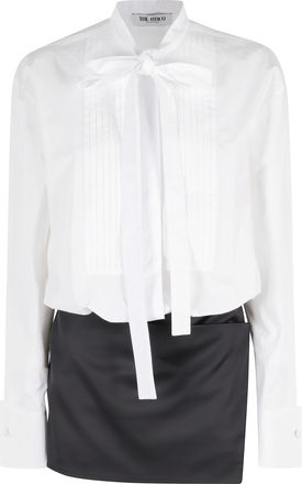 The Attico White Black Pussy-Neck Satin-Skirt Cotton Mini Dress