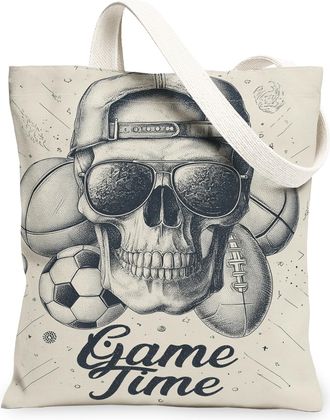 Generic Vintage Skull Canvas Tote Bags, Sporty Graphic Design Reusable Grocery Bags, Lightweight Washable Shoulder Strap Canvas for, Beige, 13x15 Inch