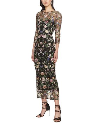 Marchesa Long Botanical Embroidered Midi Dress