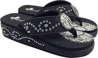 Montana West Womens Laser-Cut Studs Wedge Flip Flops In Black