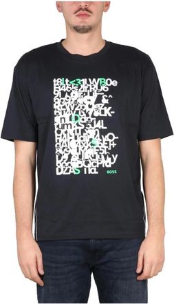 HUGO BOSS T-shirt met ronde hals en abstracte grafische print - Heren - T-shirts - Blauw - S - Katoen - Tops