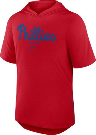 Nike Philadelphia Phillies Arched Wordmark Nike Mens Dri-FIT MLB Hooded T-Shirt in Red | 03NB62QPP-6XV