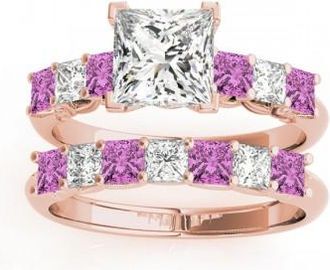 Allurez Princess cut Diamond & Pink Sapphire Bridal Set 18k Rose Gold 1.30ct