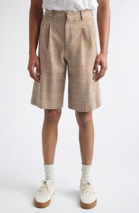 Ami Pleated Glen Plaid Virgin Wool Twill Shorts in Caramel/blanc Creme at Nordstrom, Size 32