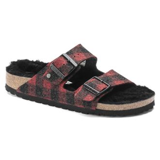 Birkenstock Womens Arizona Shearling Sandal In Red Plaid