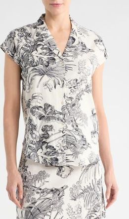 T Tahari Cap Sleeve Linen Blend Button-Up Shirt in Flax/Black Tropical Print at Nordstrom Rack, Size X-Large