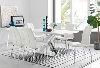 Furniturebox Atlanta Modern Rectangle Chrome Metal High Gloss White Dining Table & 6 Isco Chairs Set in Off-White