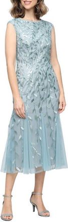 Alex Evenings Sequin Leaf Embroidery Cocktail Midi Dress in Ice Sage at Nordstrom, Size 10P