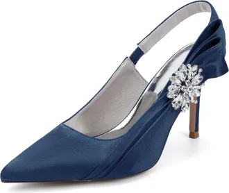 Generic Satin Pointed Toe Pumps Wedding Shoes Womens Elegant Bridal Stiletto Shoes Dress Wedding Reception Shoes 8.5Cm,Dark Blue,10 UK