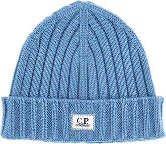C.P. Company Ribgebreide wollen muts met logo op de voorkant - Heren - Hoeden - Blauw - ONE Size - Wol - Accessoires