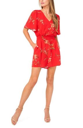 CeCe by Cynthia Steffe V-Neck Flutter Sleeve Romper in Fiery Red at Nordstrom, Size Large