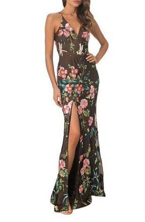 Dress The Population Iris Floral Embroidered Mermaid Gown in Black Multi at Nordstrom Rack, Size Medium