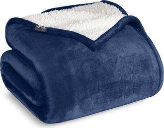 Bare Home Reversible Plush Fleece Throw Blanket in Dark Blue at Nordstrom