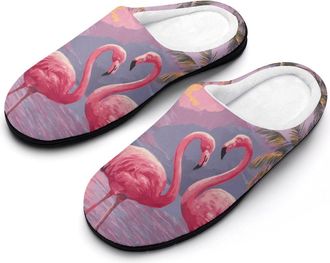 Generic Flamingos Island Palms Trees Sunset Slippers Men Winter Warm Cotton Anti-Slip Indoor Slip-Ons House Shoes