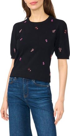 CeCe by Cynthia Steffe Beaded Short Sleeve Crewneck Sweater in Rich Black at Nordstrom, Size Xx-Small
