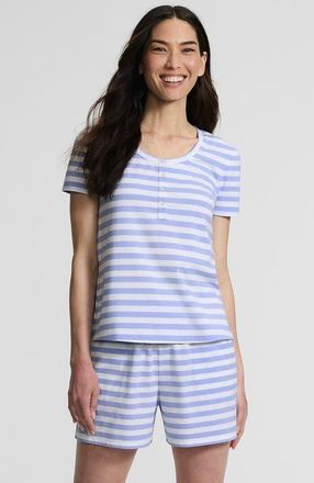 Lands End Knit 2 Piece Pajama Set - Short Sleeve Top and Shorts in Clear Blue Sky Even Stripe at Nordstrom, Size Xx-Small