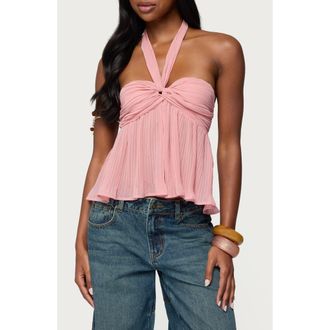 Edikted Pleated Chiffon Halter Top in Pink at Nordstrom, Size Medium