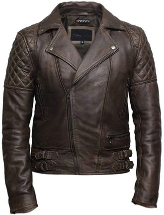 Brandslock Mens Leather Biker Jacket Cross Zip Brando Retro Casual Vintage Washed Brown Leather Jacket (L, Brown)