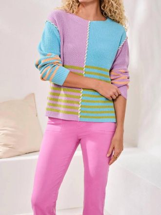 Tribal Mirelle Multi Stripe Textured Boat Neck Sweater In Lilac Rose