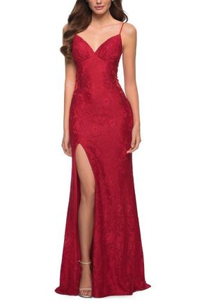 La Femme Sleek Lace Long Dress with Sheer Sides and Open Back in Red at Nordstrom, Size 0