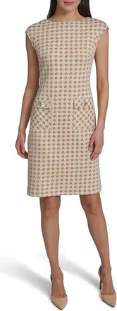 Tommy Hilfiger Cap Sleeve Houndstooth Sheath Dress in Tan/White at Nordstrom Rack, Size 10