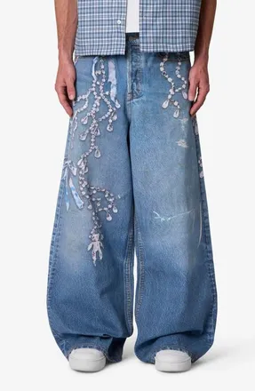 mnml Rave Chain Printed Relaxed Wide Leg Jeans in Vintage Blue at Nordstrom, Size 30